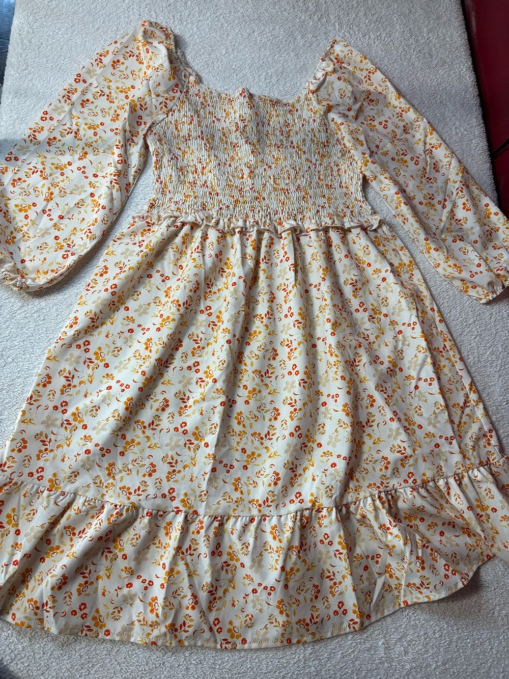 Girls' Cream Floral Smocked Long-Sleeve Dress